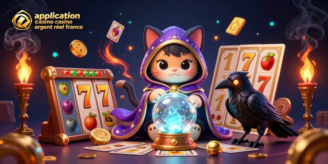 Application casino argent réel France : Illustration dynamique avec un chat mystique et des éléments de machines à sous