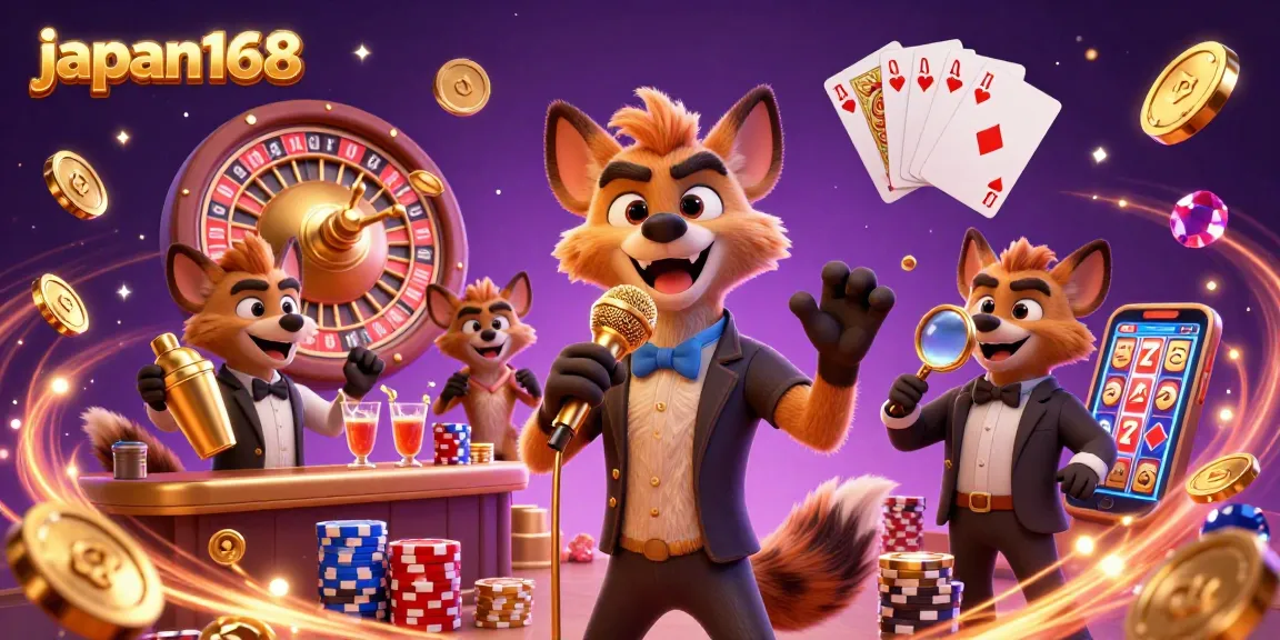 Experience japan168 excitement in a lively 3D casino scene with hyenas and sparkling game elements.