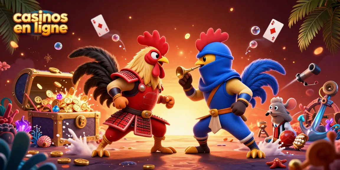 Combat entre coqs en samouraï et ninja illustrant des casinos en ligne avec des éléments de jeu colorés.