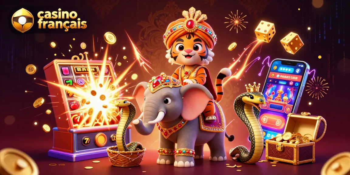 Image dynamique d'un casino français crypto avec un tigre maharaja et une machine à sous explosant de pièces.